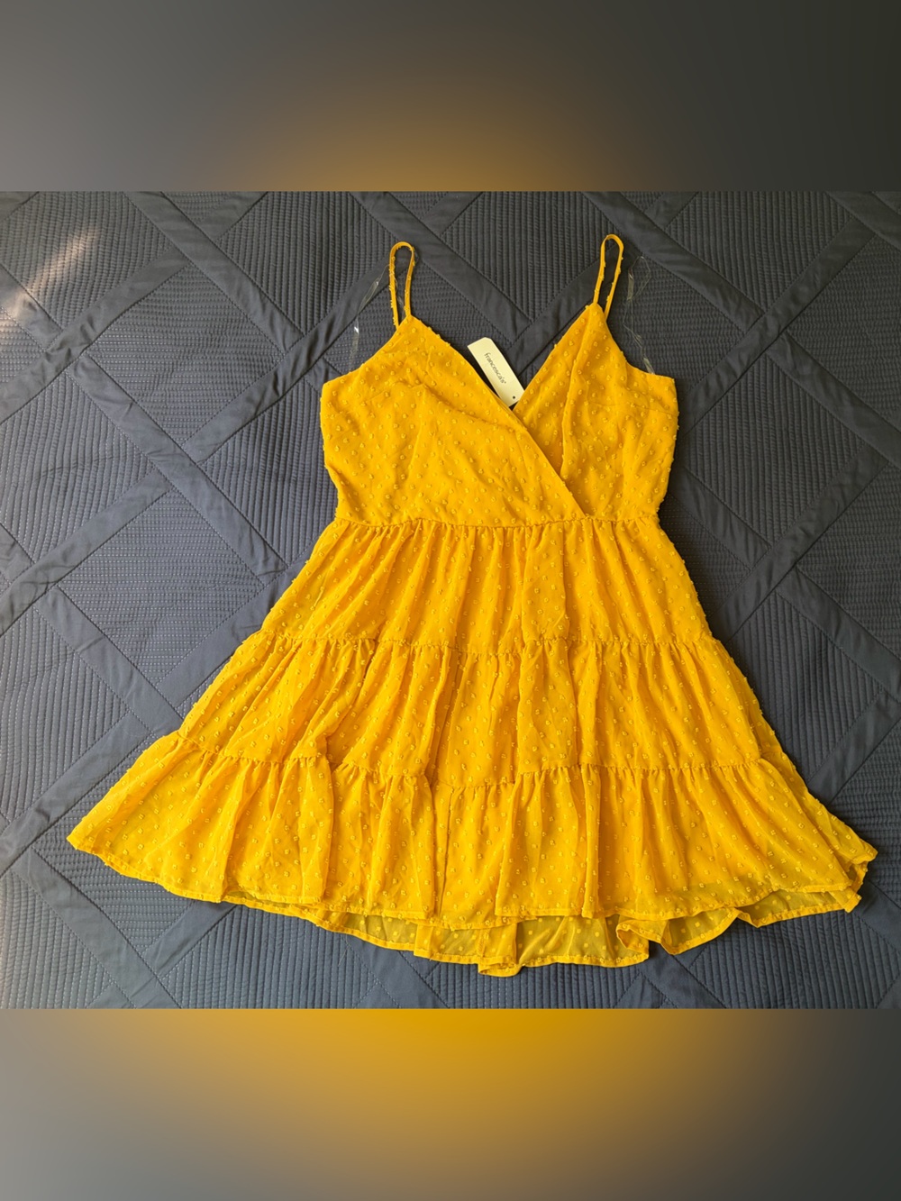 Francesca’s Mustard Yellow Swiss Dot Ruffle Dress XL NWT Tiered Mini